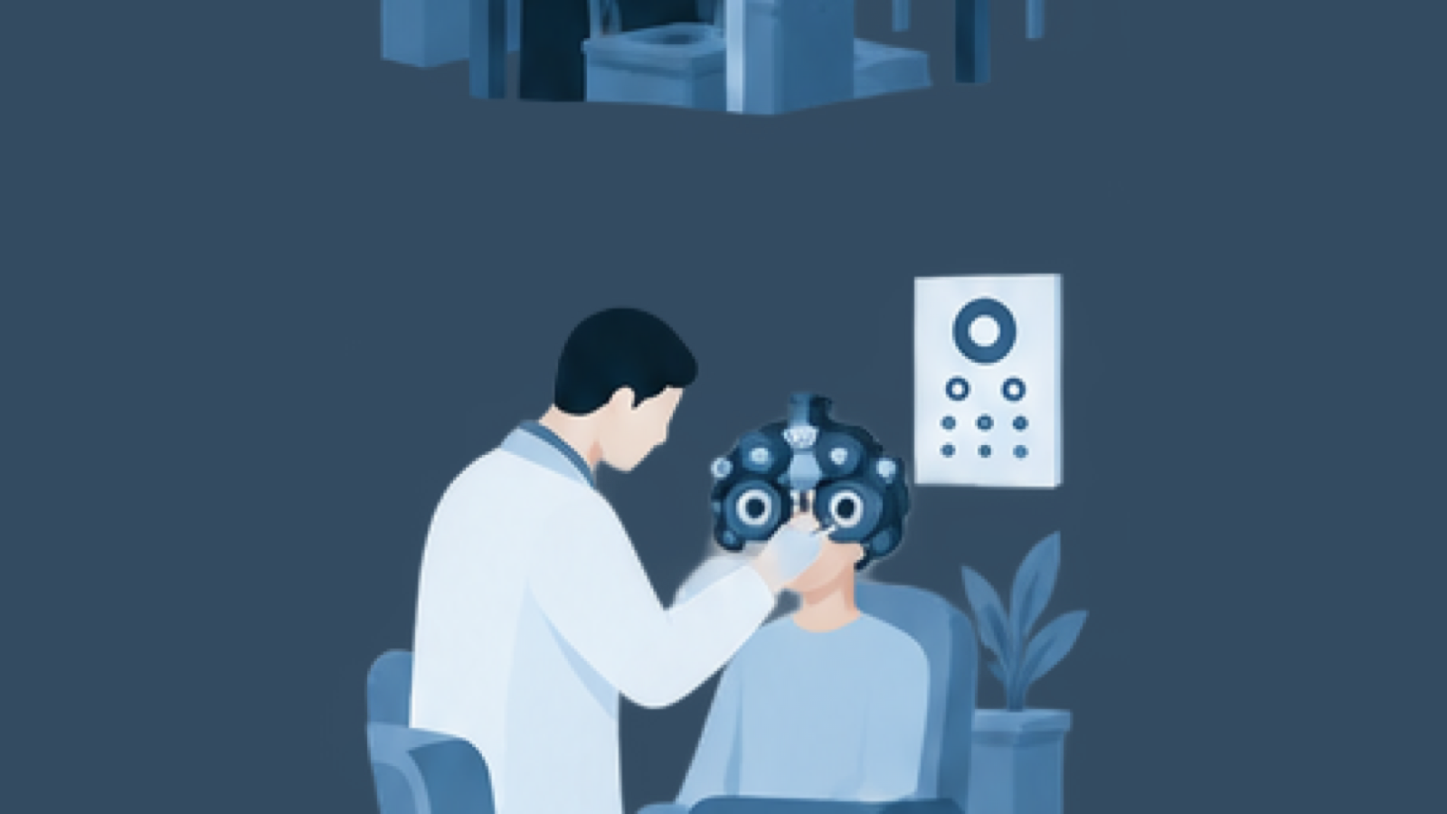 蓝色调插画中医务人员正在为就诊者进行眼部检查